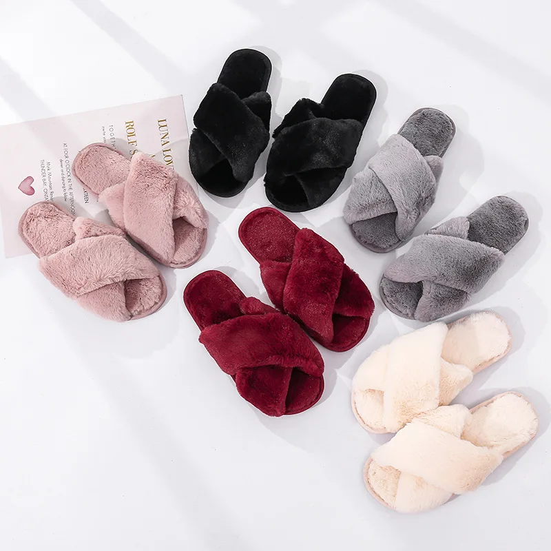 

Winter House Slippers Faux Fur Fashion Warm Shoes Black Pink Cozy Home Women Furry Slippers