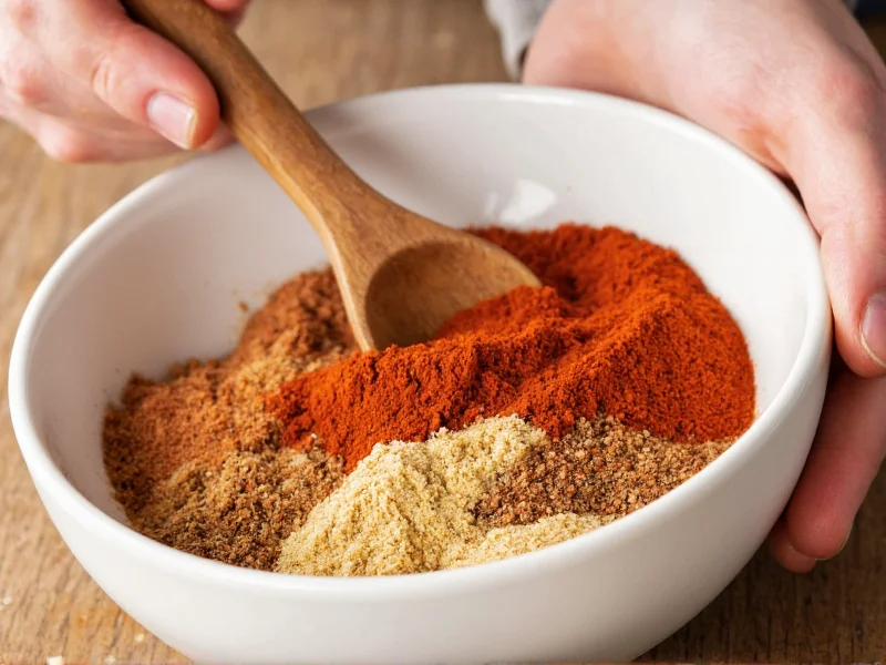 Hand mixing spices in white ceramic bowl with wooden spoon