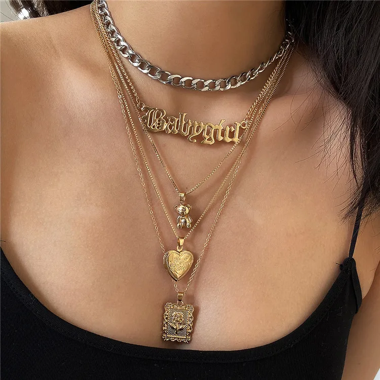 

Jewelry fashion style street style item ornaments ethnic style multi-layer letter pendant set necklace women, Gold