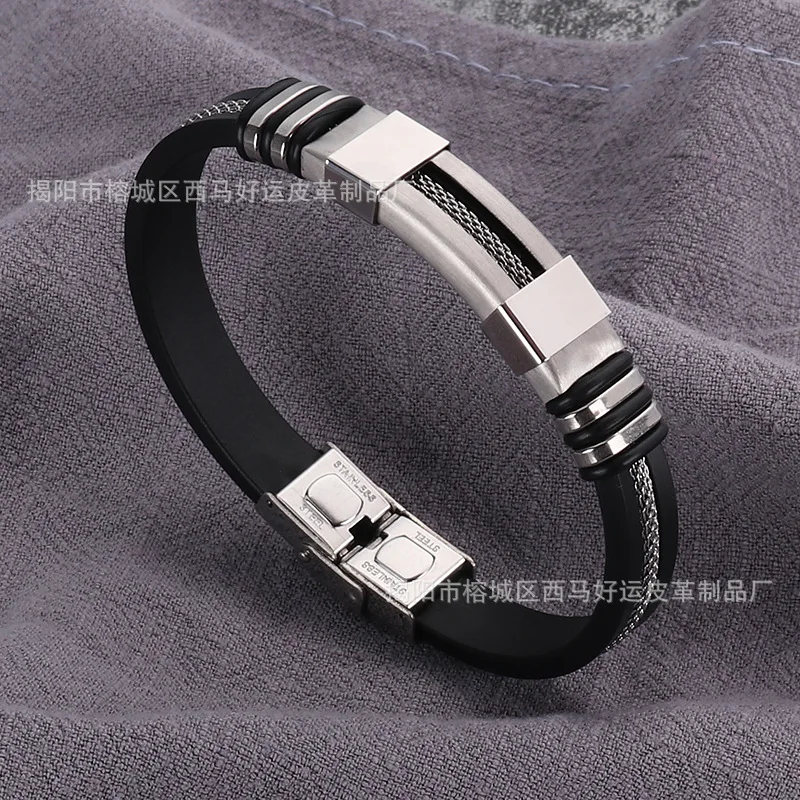 

Fashion Stainless Steel Charm Magnetic Black Men Bracelet silicone Genuine Braided Punk Rock Bangles Jewelry Accessories Friend