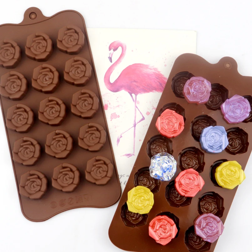 

179 factory free sample 15 hole rose shape silicon resin mold, silicon chocolate moulds, silicone ice cube tray, Chocolate color