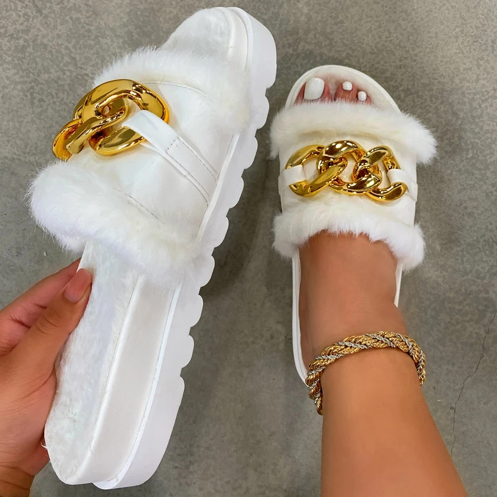 

2021 Women new metal chain fluffy flip flops ladies platform fur shoes indoor and outdoor slippers, Pictures