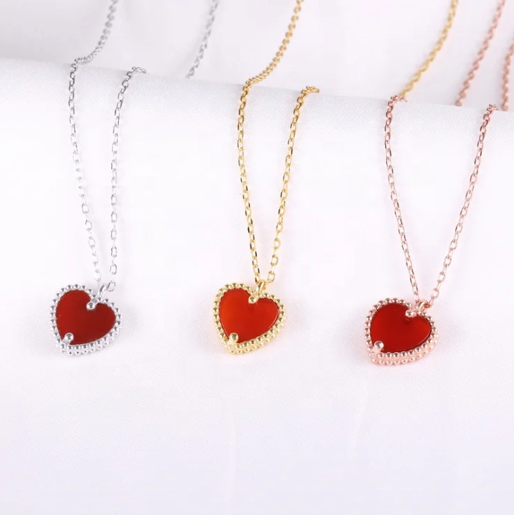 

Women Necklaces 925 Sterling Silver Jewelry Red Hearts charm vca Style Pendant jewelry Necklace Heart Love Necklace