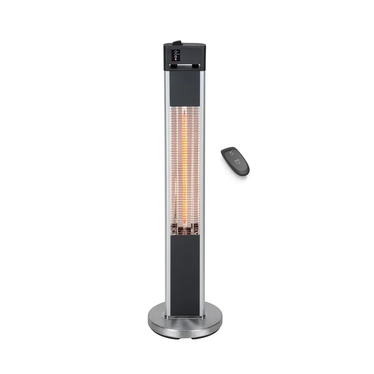 

Manufacture Scientec 3 Power Settings IP55 Electric Carbon Fibre Remote Control Floor Standing Patio Heater, Silver and black
