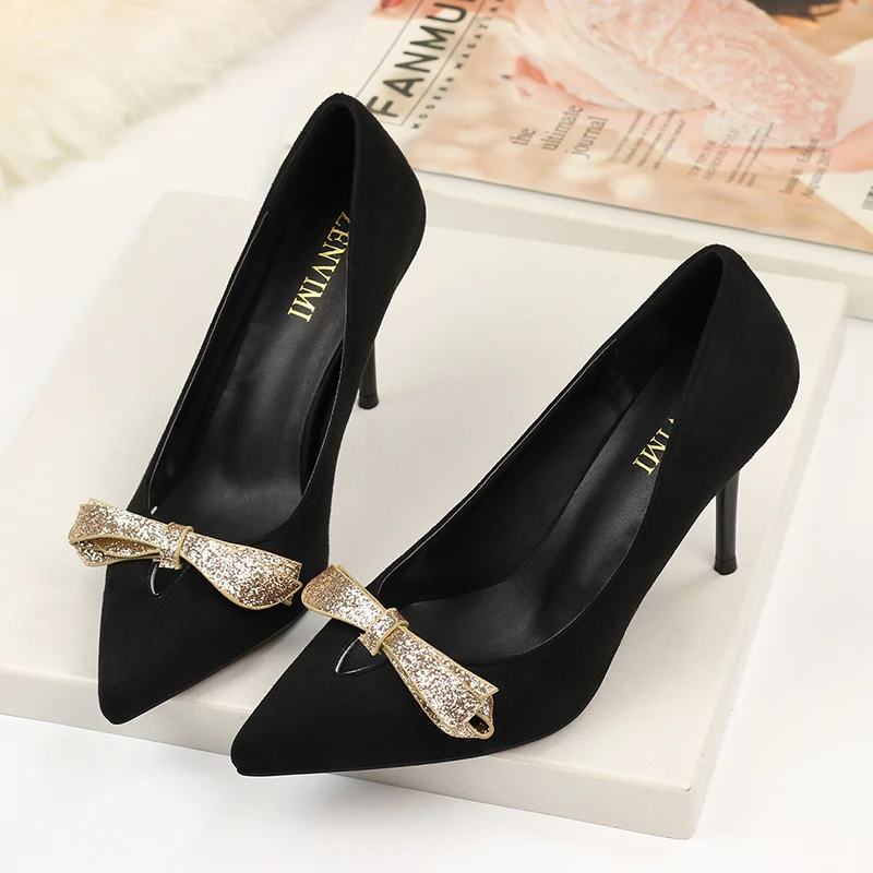 

Golden Bow Bowknot Cute Girls High Heels Sexy Women Pumps Customized Brand Stiletto Thin Heels for Wedding Party