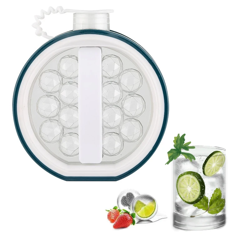 

2 In 1 Round Shape 14 Grids Whiskey Ice Cube Mold Kettle Portable Clear Ice Ball Maker, Blue,gray