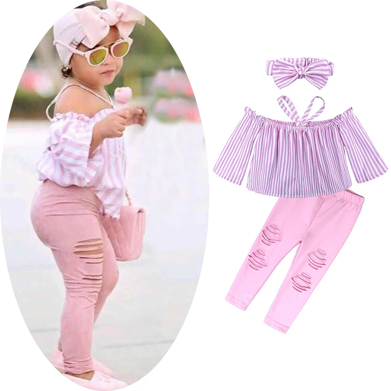 

Kids Stripe Off Shoulder Hanging Neck Top+Pink Broken Hole Jeans Pants+Headband 3Pcs Clothes Summer Children Outfits Baby Girls