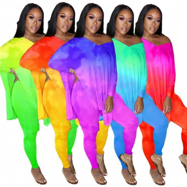 

2020 Women Fall Clothing Multicolor Plus Size Pants Set Tie Dye Two Piece Set