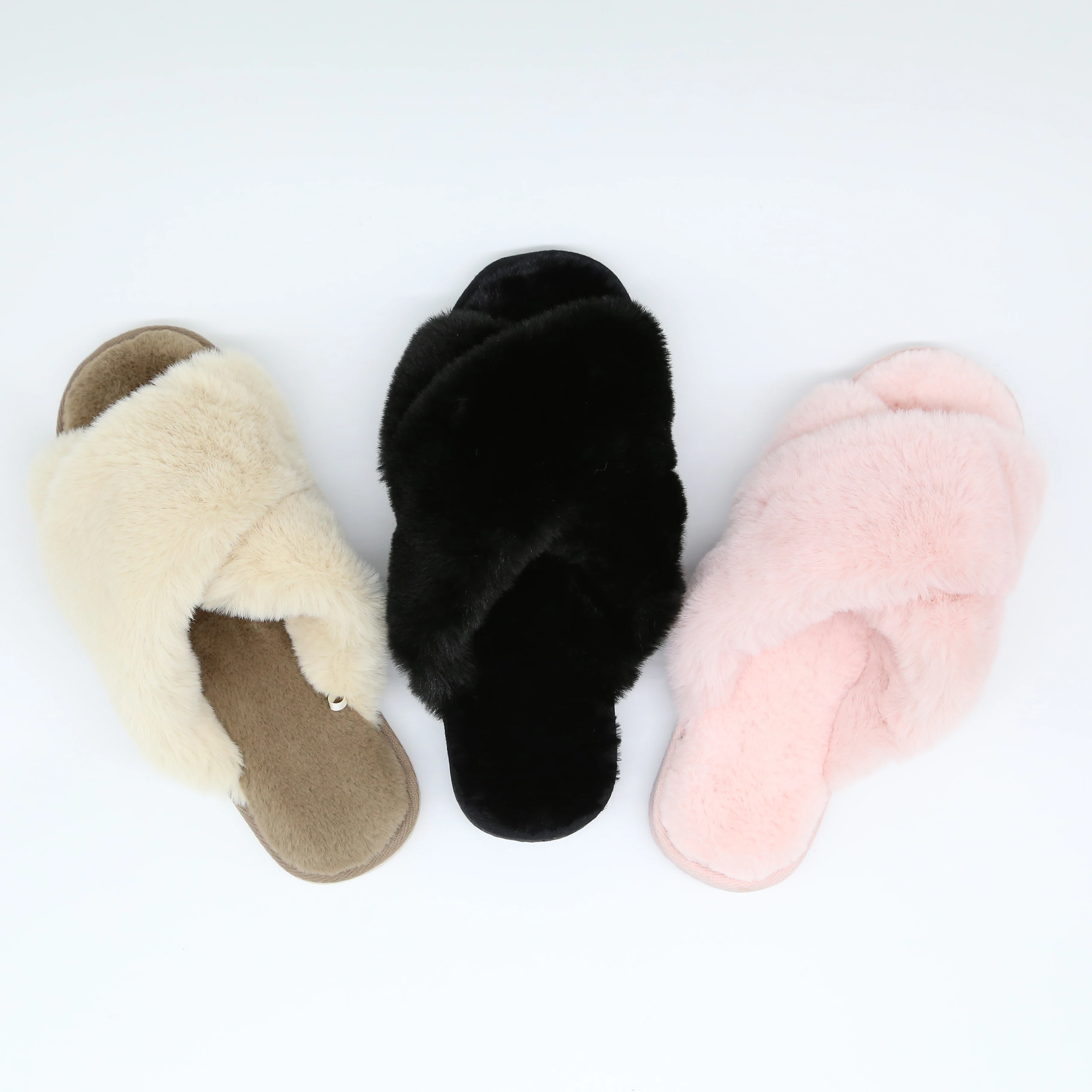 

New Cozy Plush Fur Open Toe Breathable Memory Foam Fluffy Bedroom House Soft Cross Band Slides Footwear for Women, Customized color