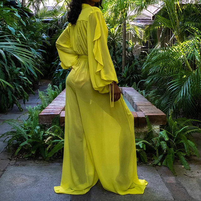 

Chiffon Wide Leg Solid Women Loose Jumpsuit Casual Holiday Long Draped Sleeve Button Romper Pleated Jumpsuit 2021 Summer -SM, Yellow,orange
