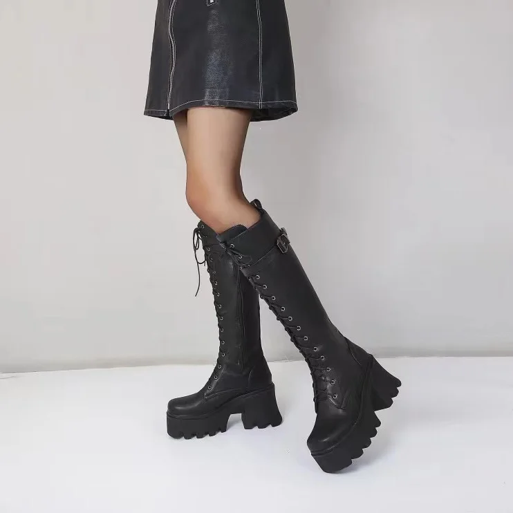 

Shein 2021 New Trendy Martin Boot Girl Plus Size Kneehight Boots Block Heel Platform Fashion Combat Boots For Women In Stock, Black