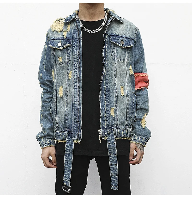 

OEM private label men stock drop shipping distressed ripped embroidery denim jeans jacket