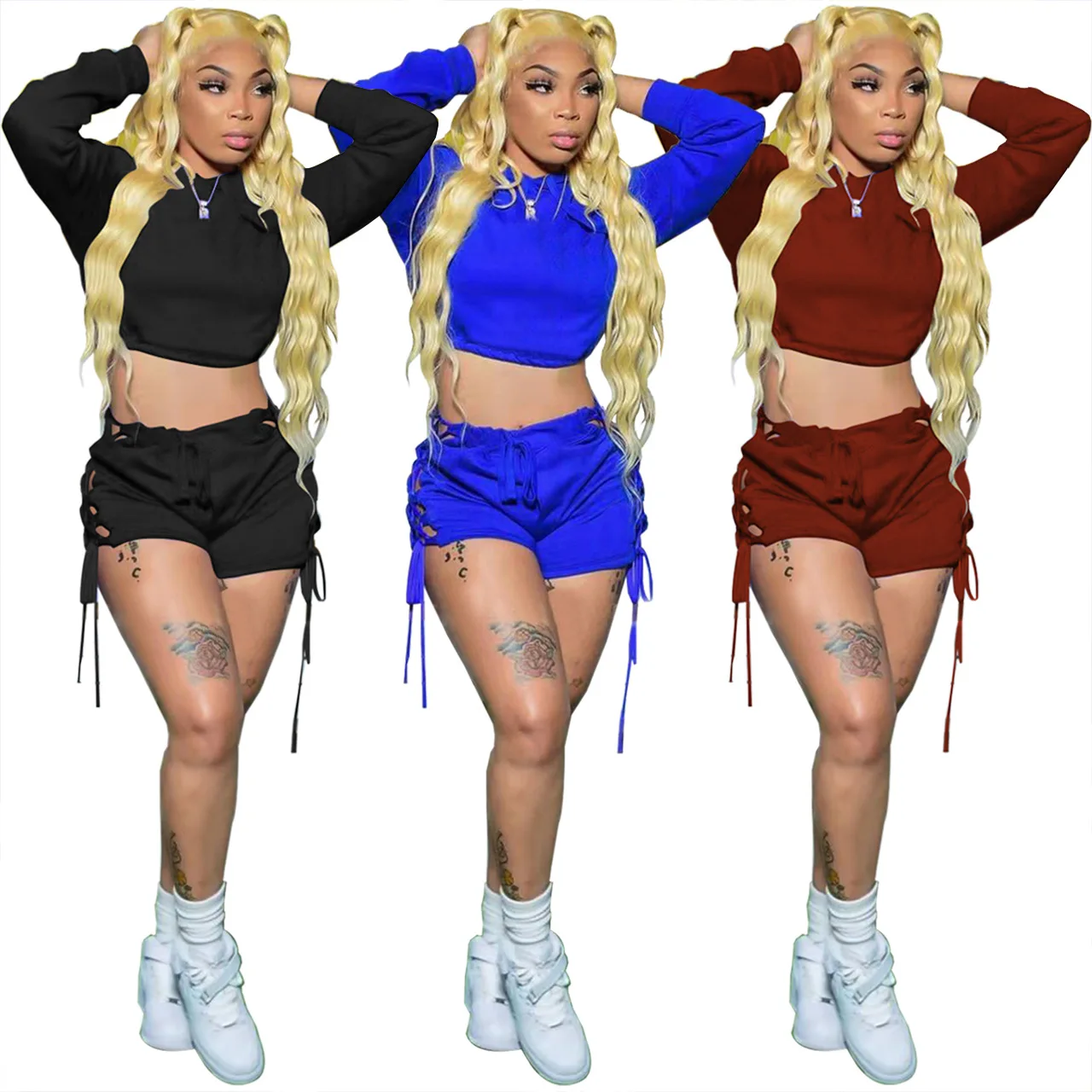 

2022 New Spring Solid Crop Hoodie 2 Piece Short Set Women Clothing Hooded Sweatshirt And Bandage Short Set