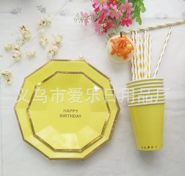 Disposable Party Supplies Tableware Set With Gold Foil Happy Birthday