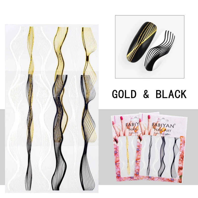 

Taini Luxurious Nail Sticker Wavy Bronzing decal Line Black Gold Silver Rose Accessories 3D Nail Art Stickers, Mixed color