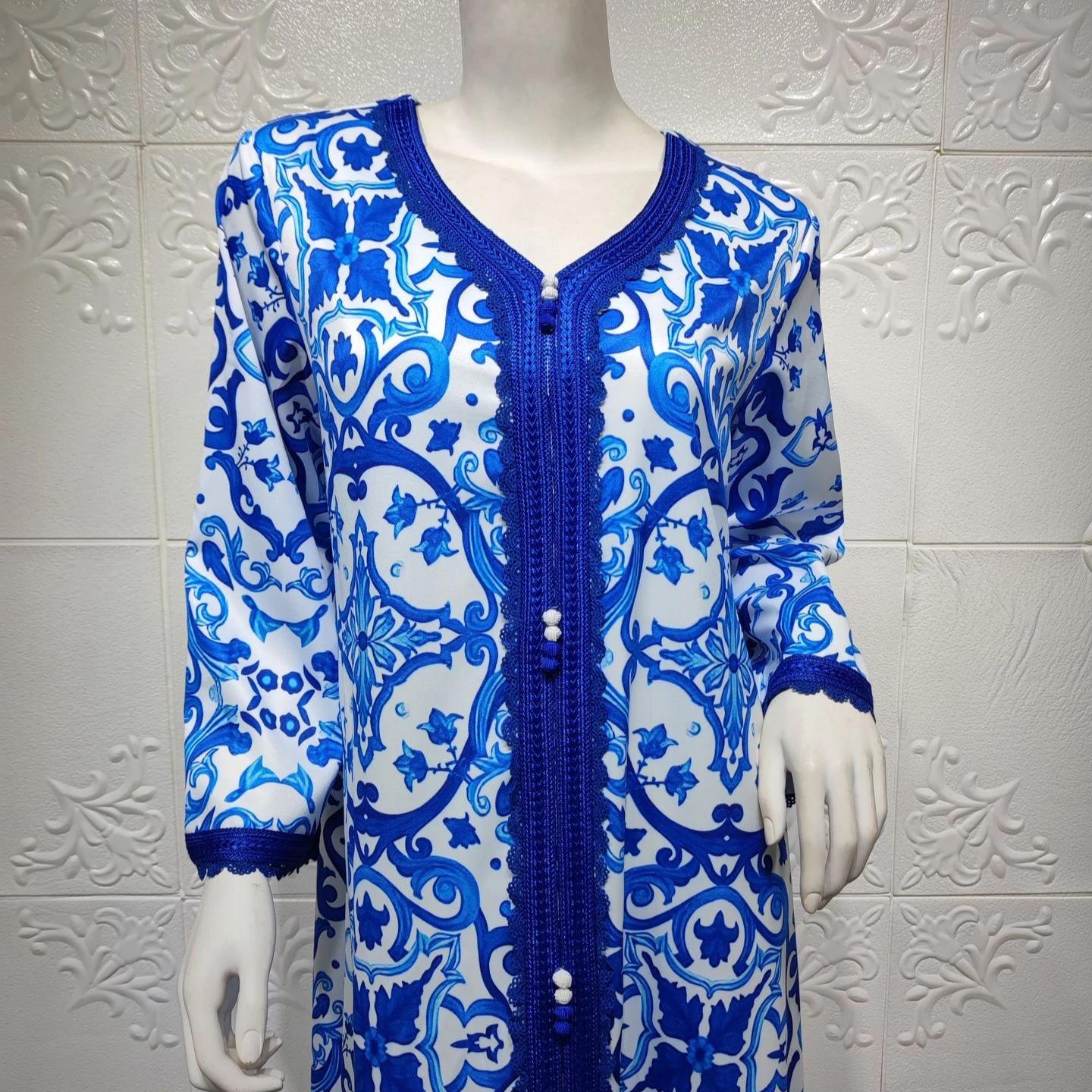 

Hot sale cross-border fashion printed robe India Islamic abaya Arab Dubai Ramadan Muslim Middle East Muslim women's dress, Blue