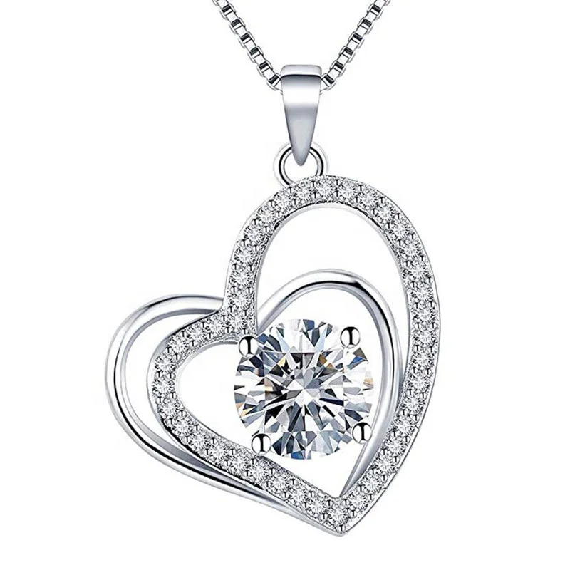 

Genuine Classic Heart to Heart Pendant Necklace Clear CZ Necklace for Women Fine Jewelry