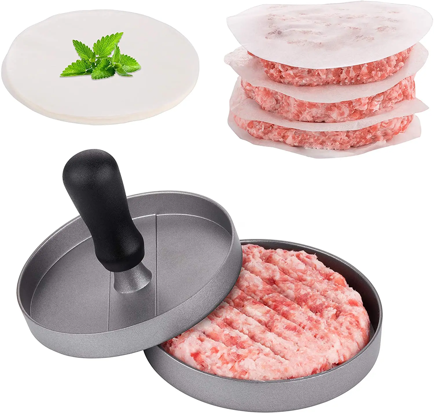 

Beef Grill Mold Patties Maker Meat Pie Press Tool Aluminum Non-Stick Hamburger Press, Silver