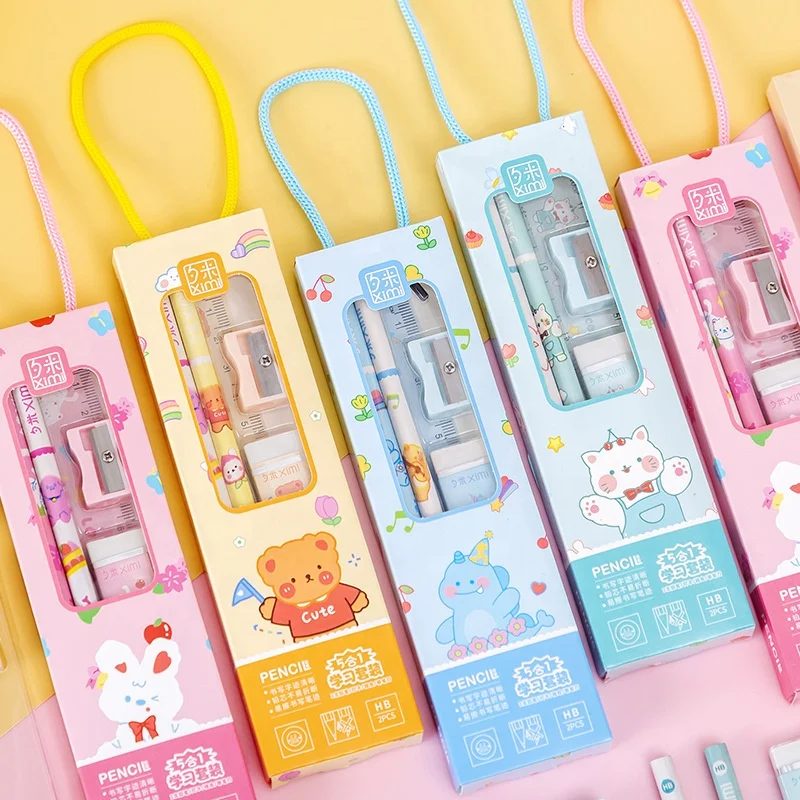 

Cheap kids stationery cute cartoon ruler eraser sharpener pencil school set