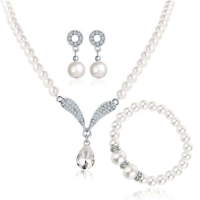 

European Fashion Freshwater Pearl Bride Set 3 Set Crystal Rhinestone Pearl Bracelet Necklace Earrings Set For Wedding, Red/blue/white