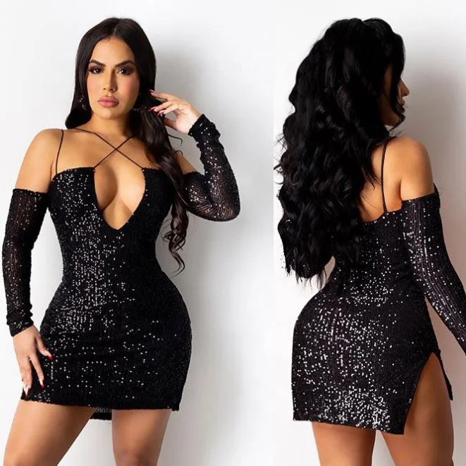 

X01474M Hot Sale Women's Dresses 2021 Straps And Deep V Sequins Slit Sexy Dress