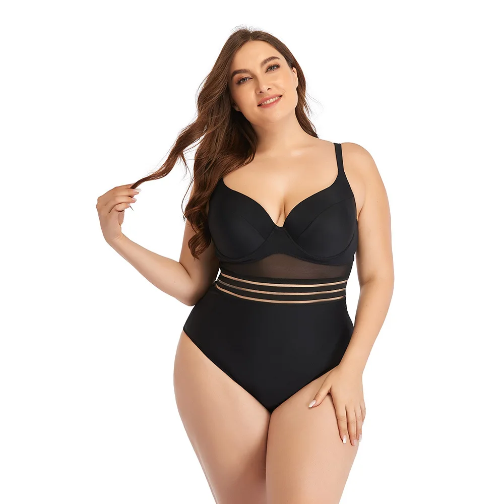 

2021 plus size swimsuit women one-piece mesh hollow-out bikini backless bow tie swimwear for women, As shown