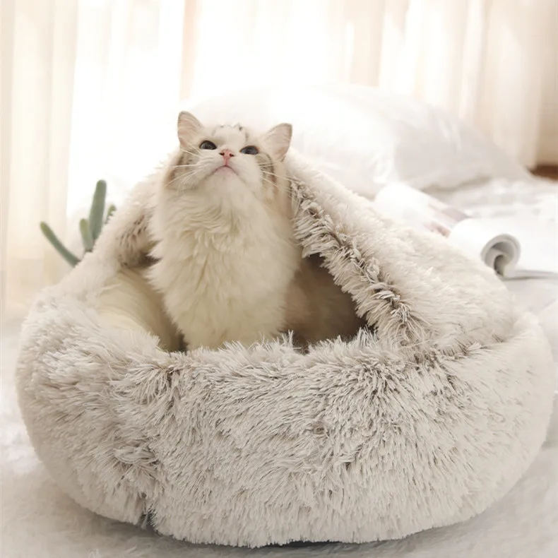 

Round Faux Fur Donut Cat Sleeping Cushion Semi-enclosed Plush Pet Dog Cat Bed Cat Bed Cave