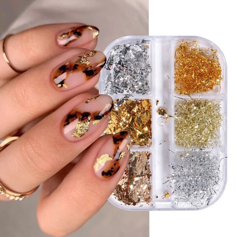 

6 Grids Aluminum Nail Foil Flakes Gold Silver Silk Glitter Sequins Irregular Paillette Summer Nail Art Decorations, 6 grids /box