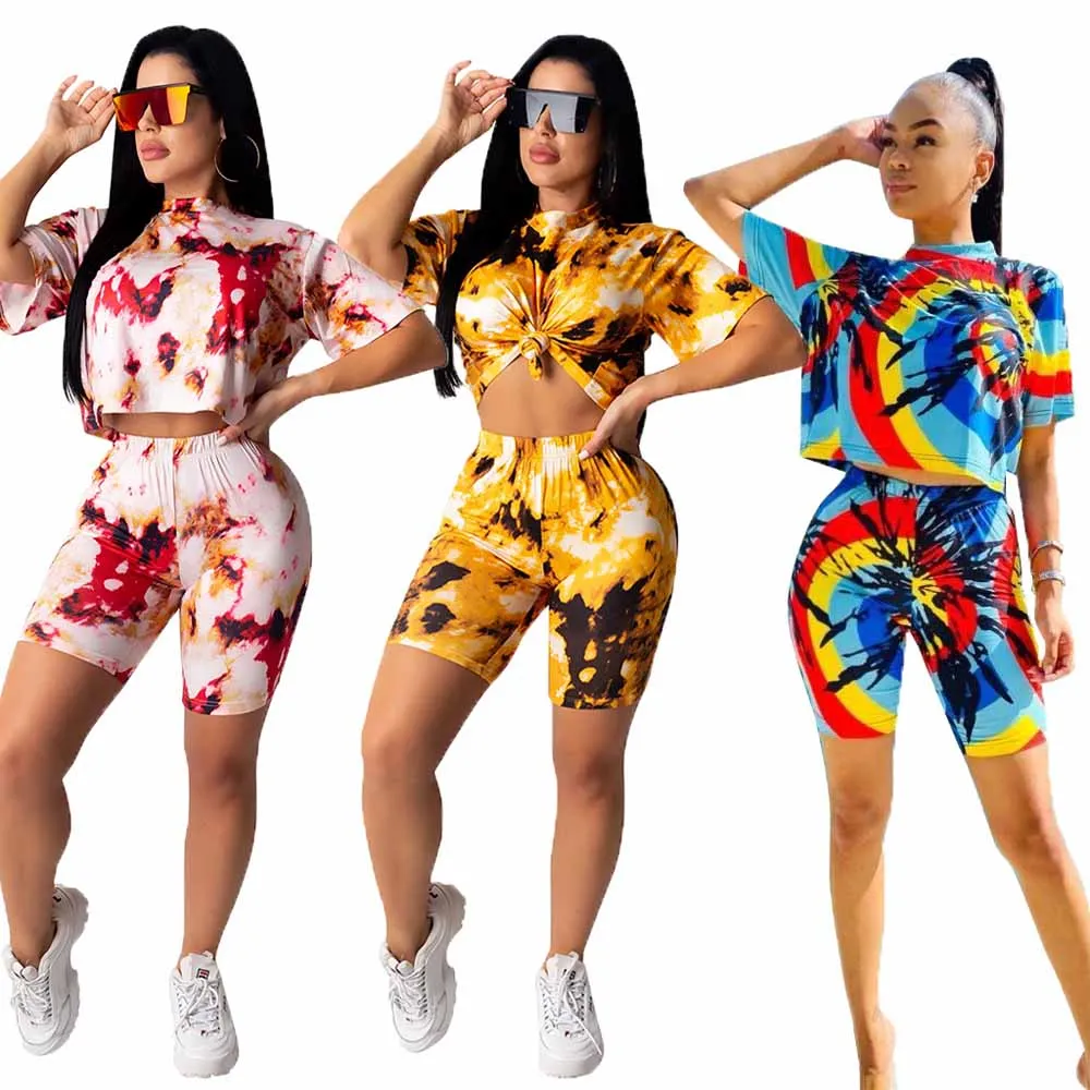 

plus size tie dye 2 piece short set summer women clothing, Pink, blue, yellow