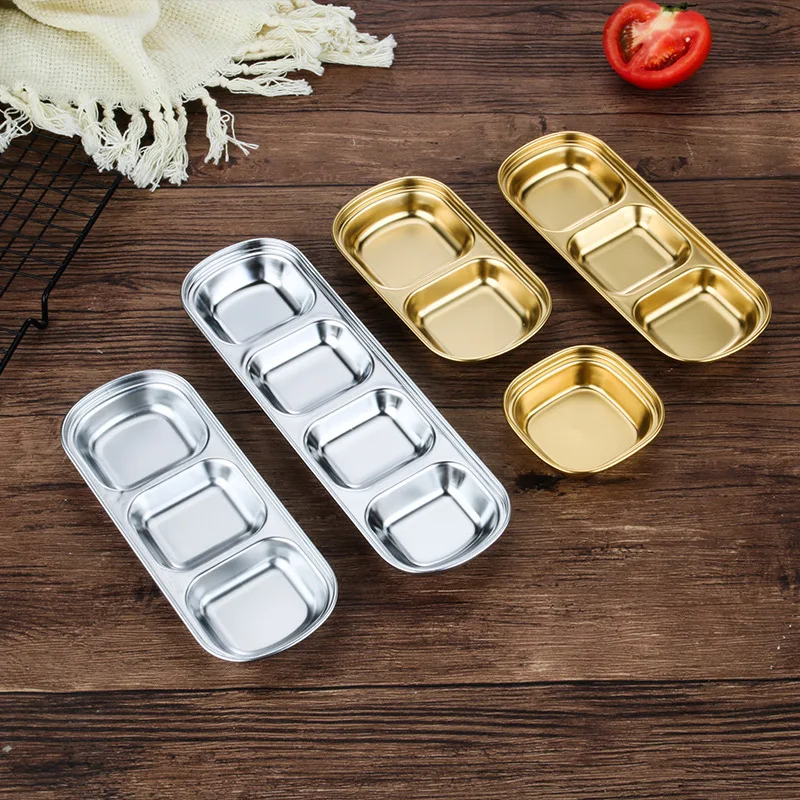 

Customized Logo Stainless Steel Sauce Trays Catering Serving Seasoning Dish 1/2/3/4 compartments Soy Sauce Dishes, Silver,gold