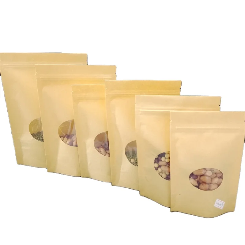 

Heat Sealable Food Packing Pouches Bags With Oval Window Stand Up Brown Kraft Paper Reclosable Zip Lock