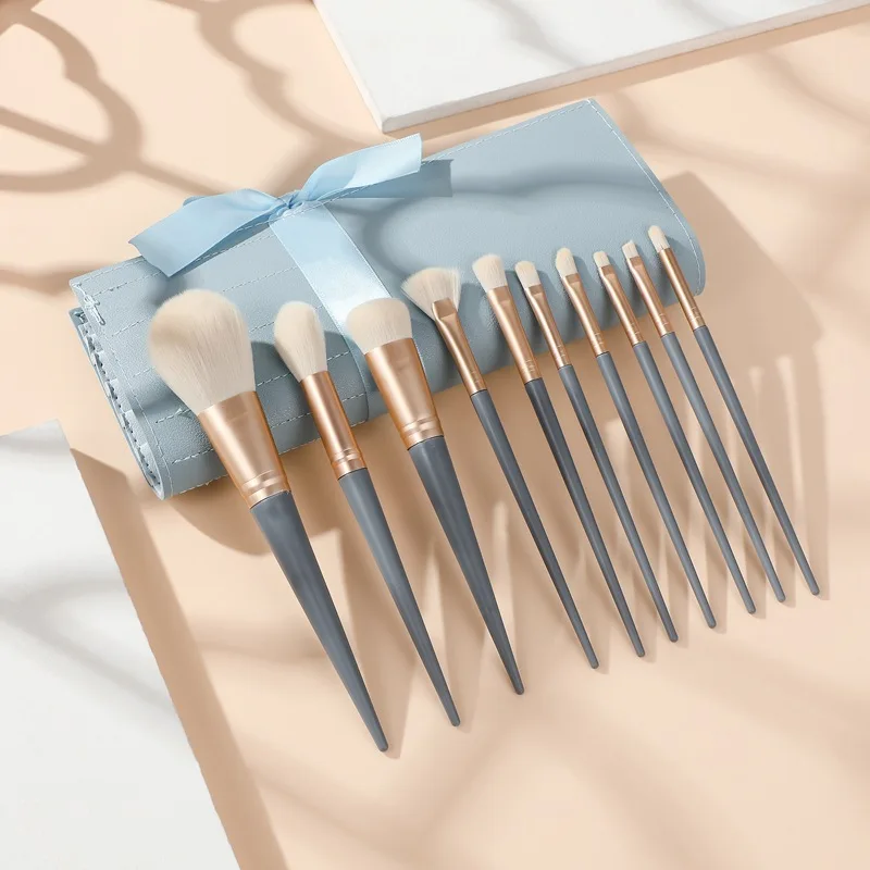 

New 10pcs makeup brush set with leather cosmetic bag professional eyeshadow brush set blue custom make up brush
