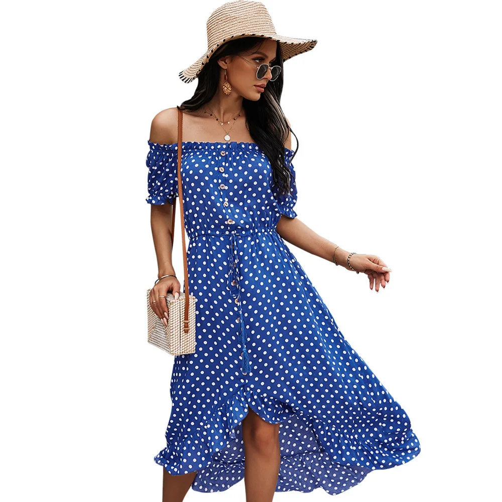 

In Stock 2021 Summer Women A Line Dot Printed Off Shoulder Ruffles Hem Casual Midi Dress