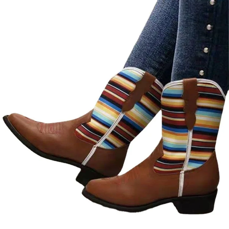 

Dropshipping Ladies Retro Boots Printed Pointed Toe Block Heel Zipper Ladies Calf Boots