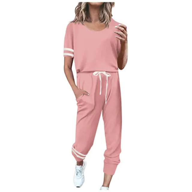 

New style women's casual sports cuff striped short sleeve trouser suit, 14 color