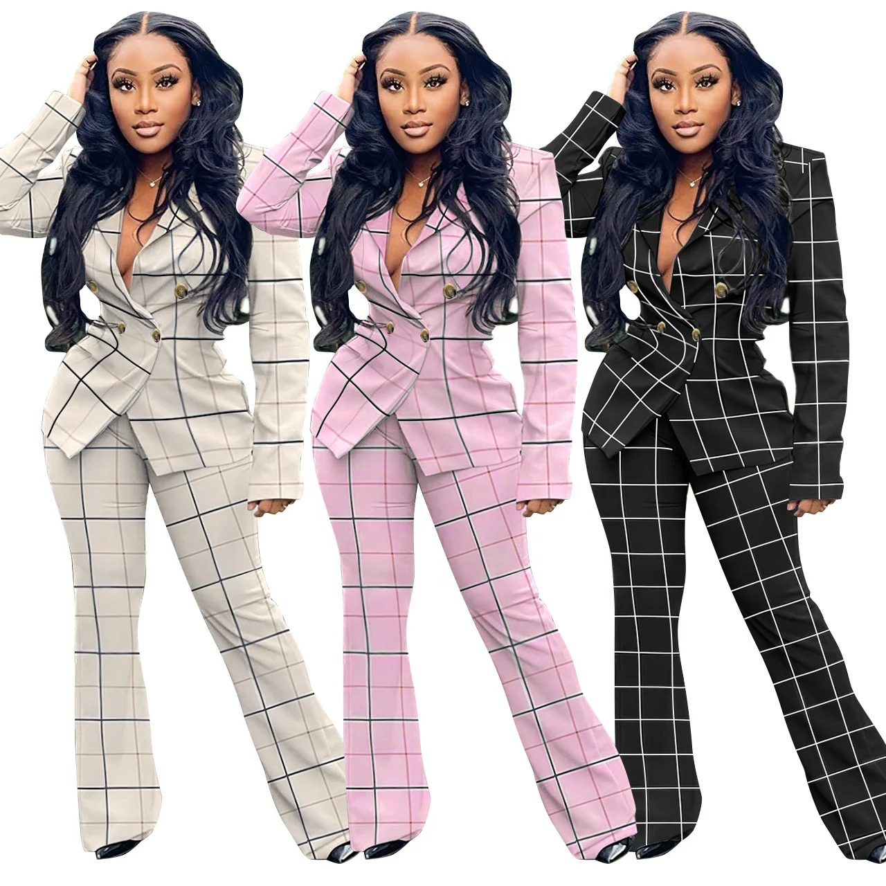 

KX-1984 New design ladies fall causal 2 piece plaid blazer and pants set office formal women's suits & tuxedo