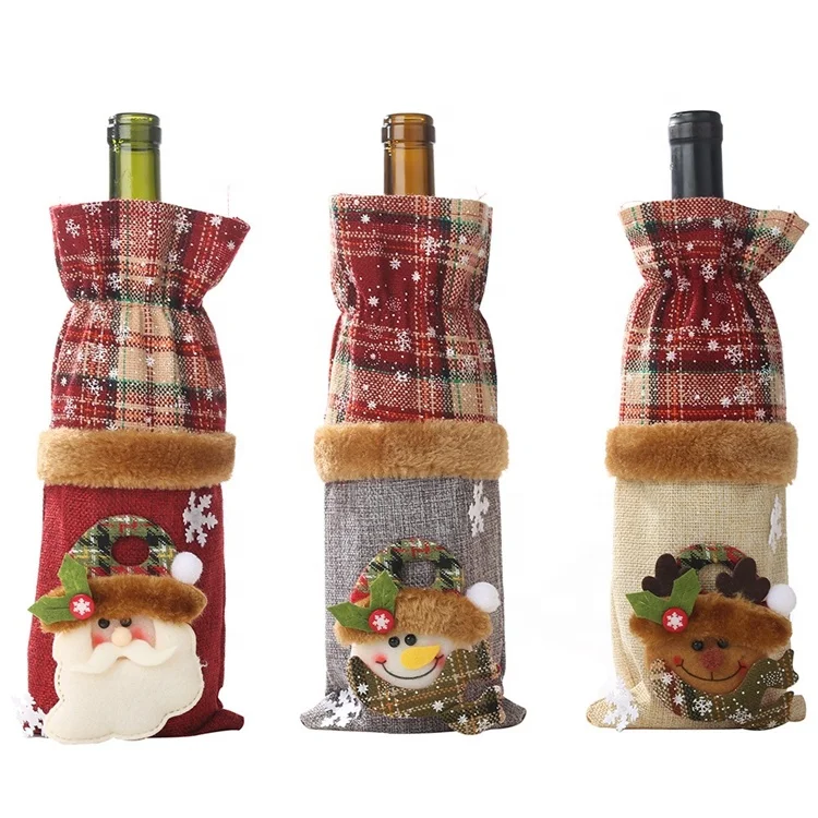 

Christmas Decoration Wine Bottle Set Checkered Linen Bottle Decorative Red Wine Champagne Bottle Bag PT-004, Old man, snowman, elk