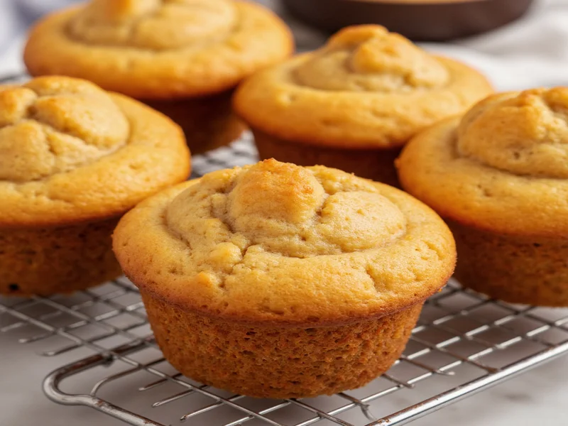 Golden brown homemade muffins cooling on wire rack