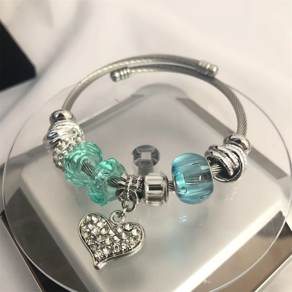 

Personalized Custom Stainless Steel Titanium heart Bangle Bracelet tags Silver Crystal Bracelet with heart pendant, Mixed