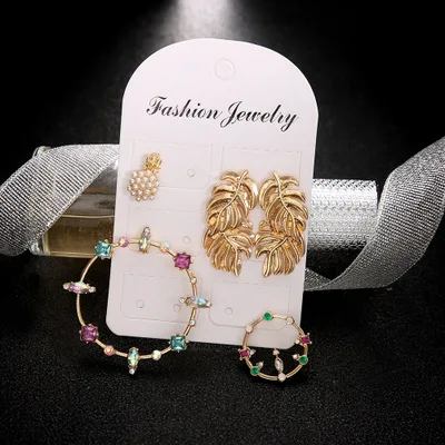 

Boho earrings set geometric colored diamond hoop earrings for women with fashion leaves pineapple earrings 2020 new jewelry sets, As picture