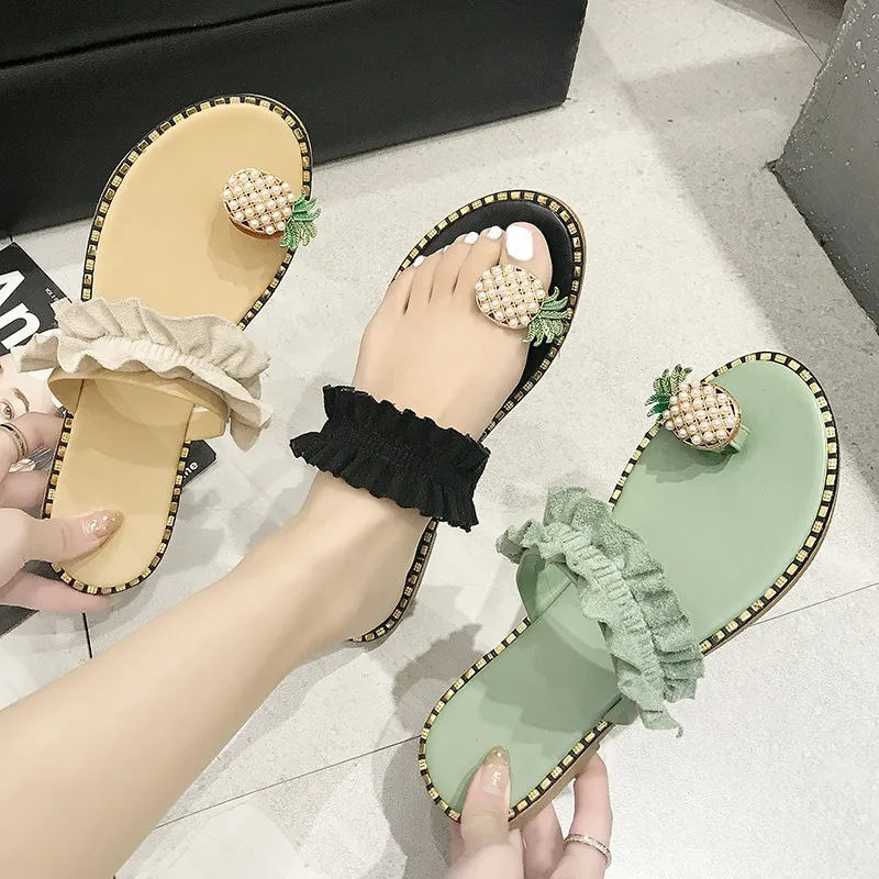 

Women Slippers Pineapple Pearl ruffle Flat Toe Bohemian Casual Shoes For Women Beach Sandals Ladies Slides Platform Sandals, 4 colors