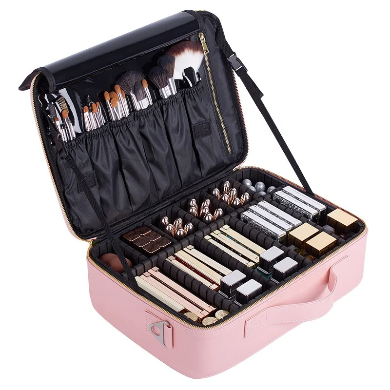 

Pink PU Leather Travel Makeup Train Case Makeup Cosmetic Case Organizer Portable Artist Storage Bag with Adjustable Dividers