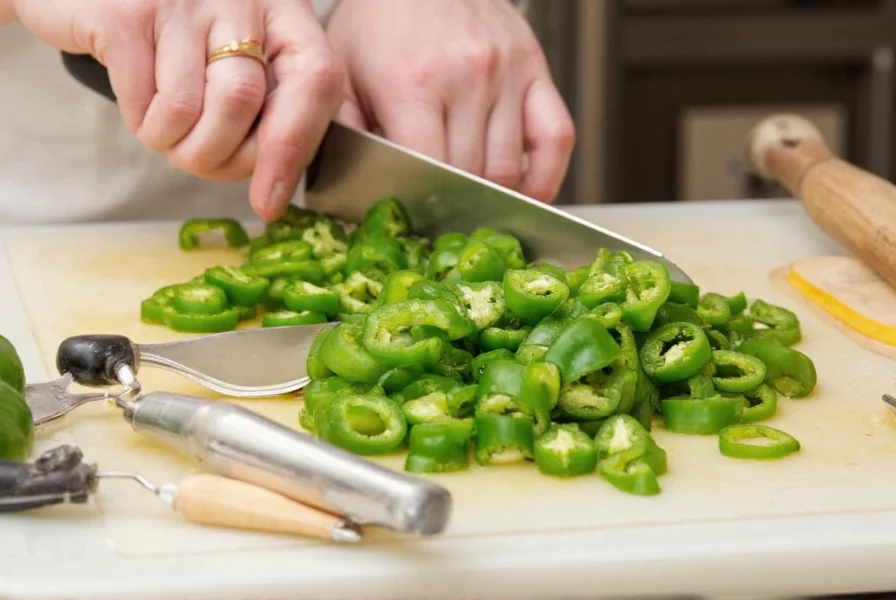 Jalapeño peppers being sliced on a cutting board with various kitchen tools