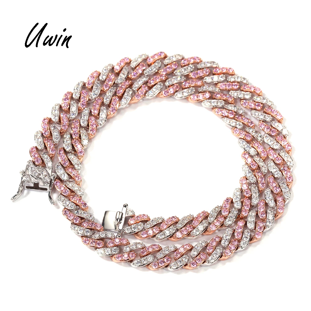 

Fashion 9mm Pink Cubic Cuban Link Chain Rose Gold Plated CZ Women Jewelry Necklace, Silver, rose gold or custom for you