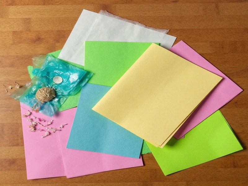 Recycled paper craft materials on wooden table