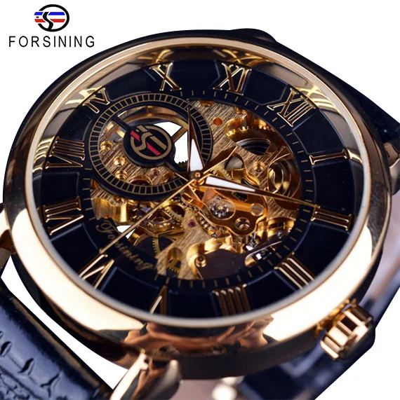 

Forsining Men Design Hollow Engraving Black Gold Case Leather Skeleton Mechanical Watches Men Luxury Watch Clock Heren Horloge, 10-colors