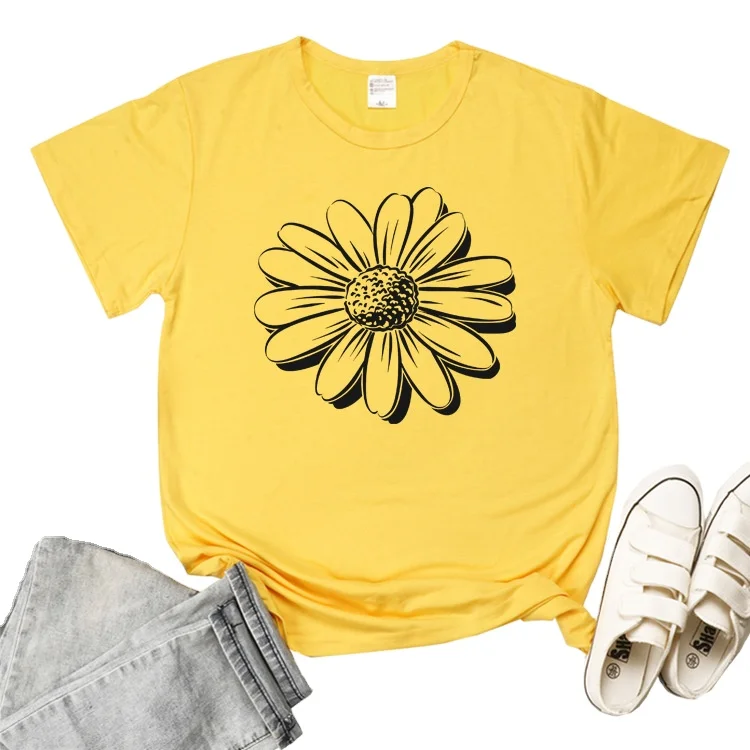 

Sunflower Print Solid Color Simple Short-sleeved T-shirt For Women 2020 Summer