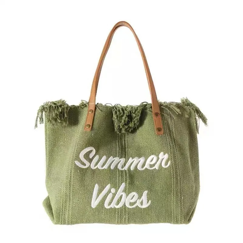 

Double straps casual women's tote Bags customize logo Embroidered canvas woven beach Women Shoulder Bag