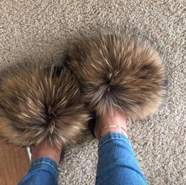 

2020 Furry Ladies Shoes Cute Plush Fox Hair Fluffy Sandals Women's Fur Winter Warm Slippers Women Hot