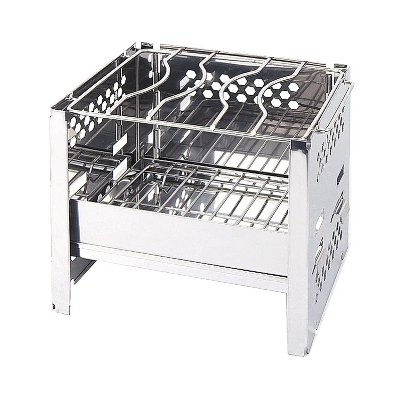 

New outdoor mini stainless steel folding grill camping barbecue windshield firewood carbon oven fire rack